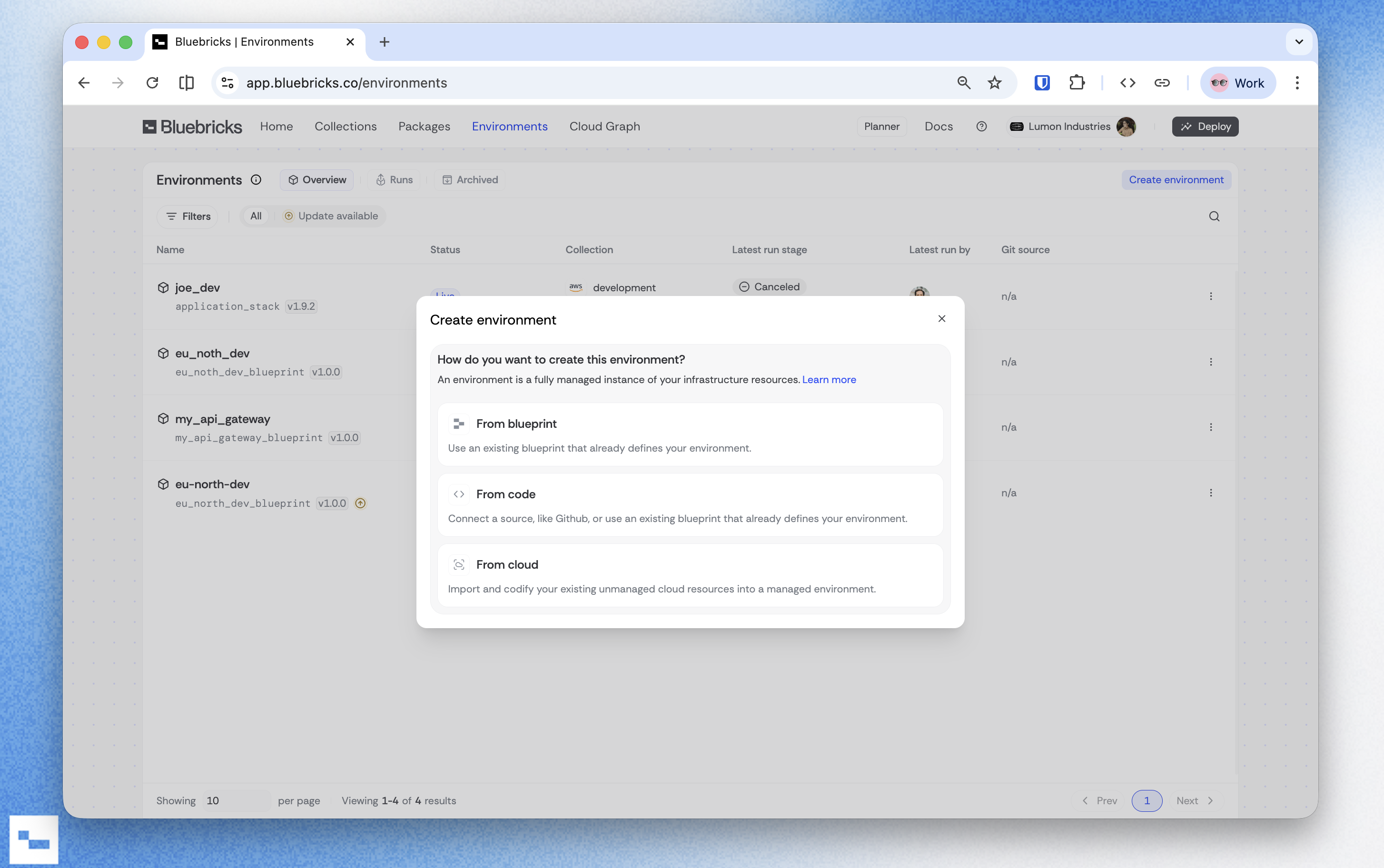 Create environment modal showing three options: From blueprint, From code, and From cloud