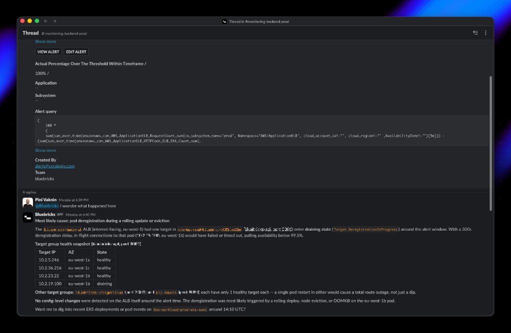 Slack channel with a Coralogix alert and a Bluebricks app reply analyzing load balancer target health