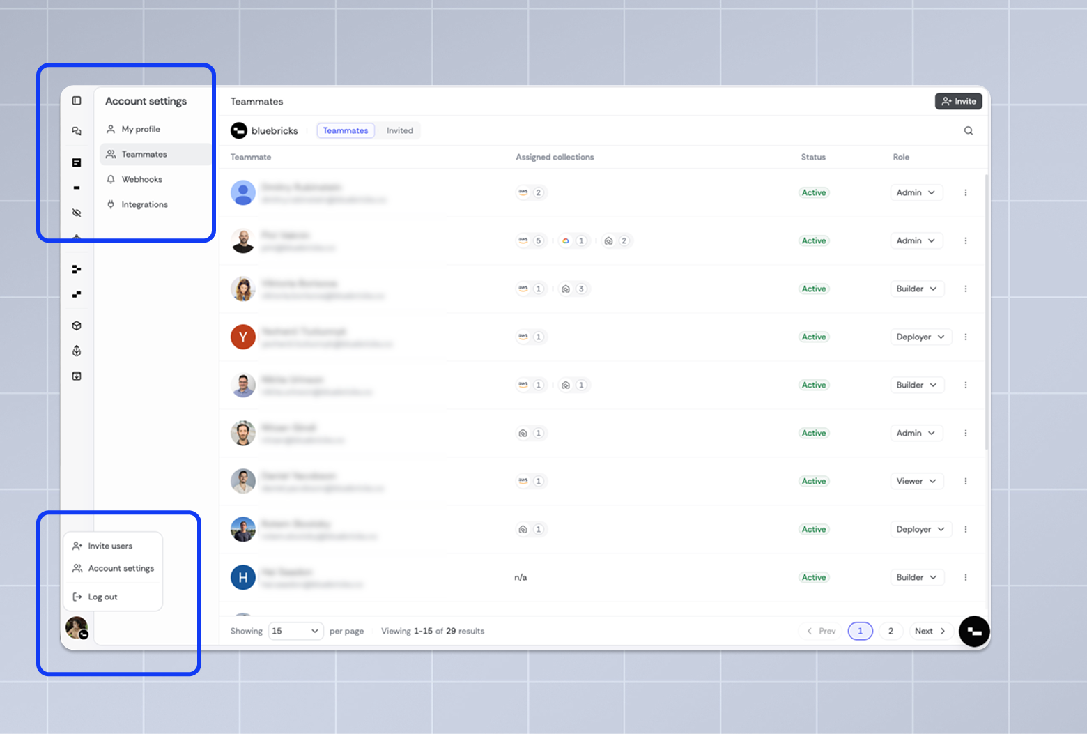 Account Settings Teammates tab and sidebar menu showing the Invite users entry points