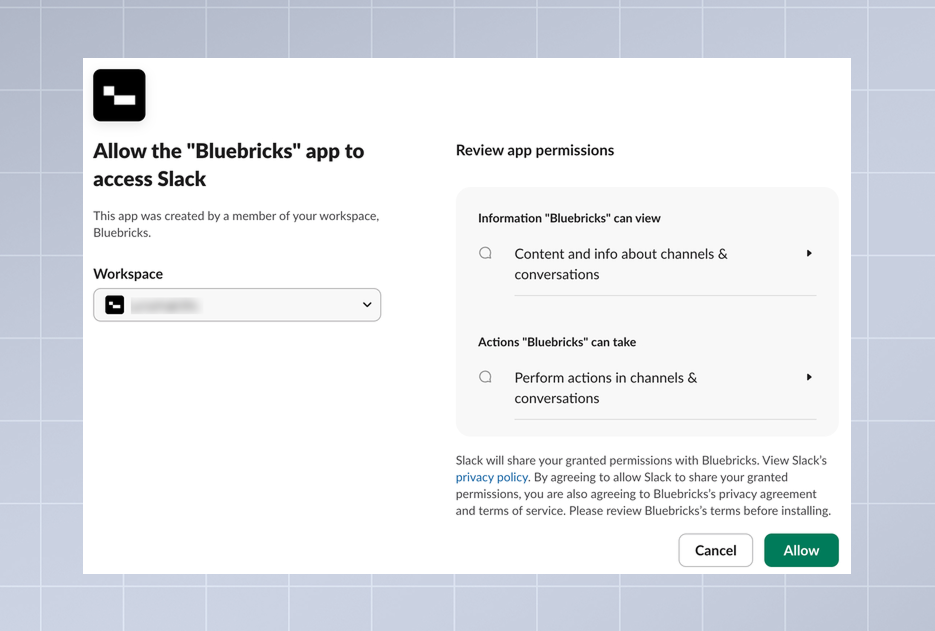 Slack OAuth authorization screen for the Bluebricks app