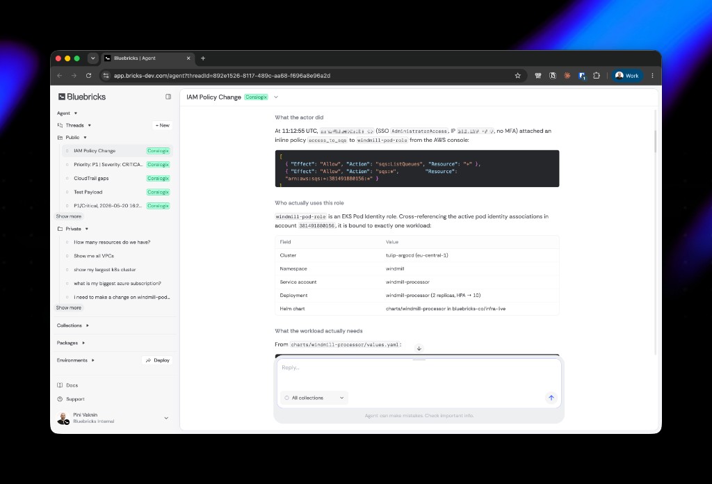Agent app showing Public threads in the sidebar and a Coralogix integration thread with an IAM policy investigation