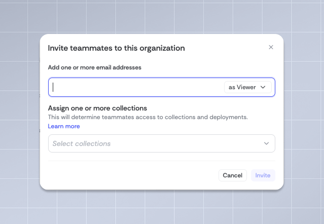 Invite teammates modal showing email input, role selector, and collection picker