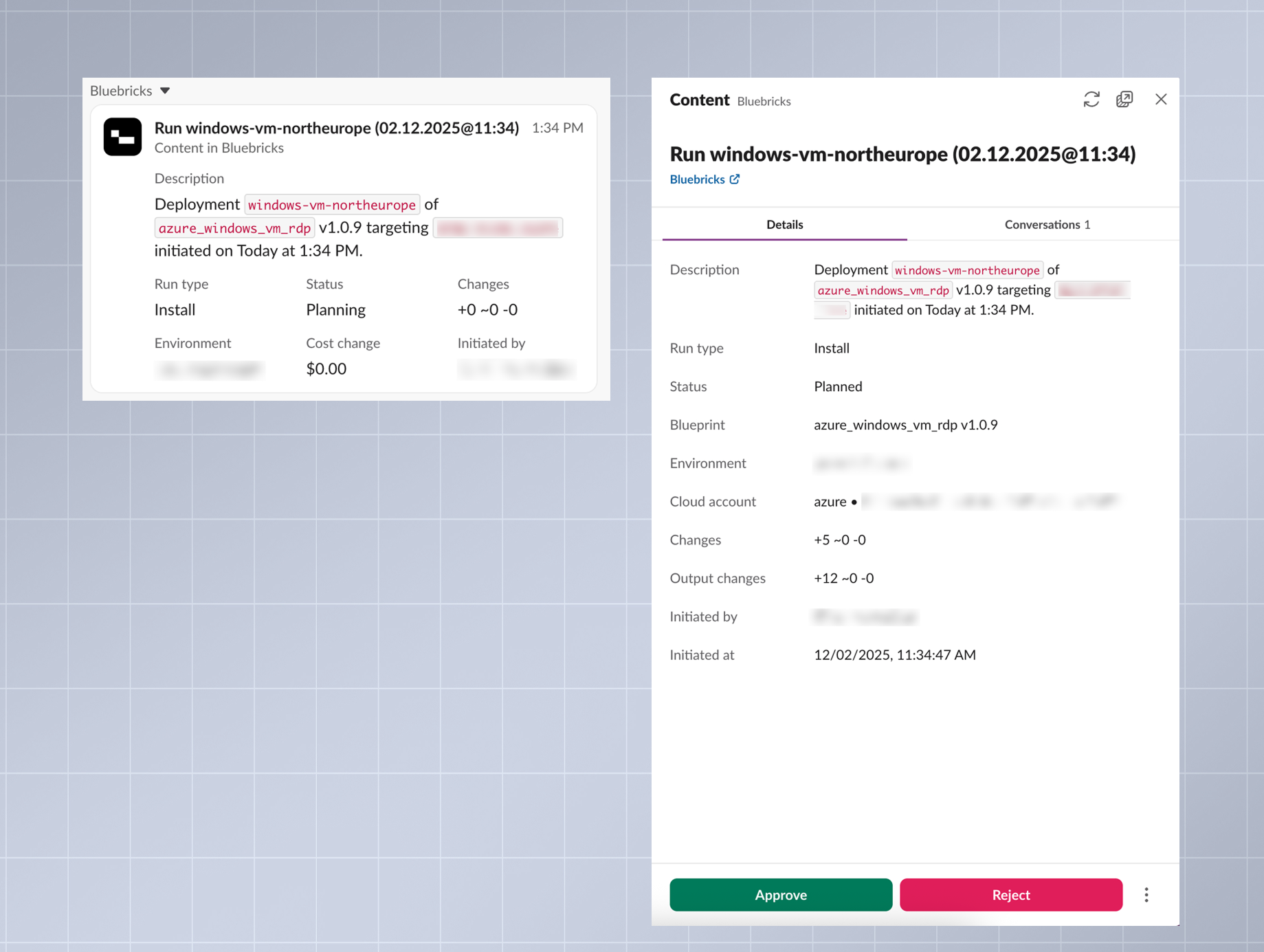 Slack link preview and sidebar showing run details with Approve and Reject buttons